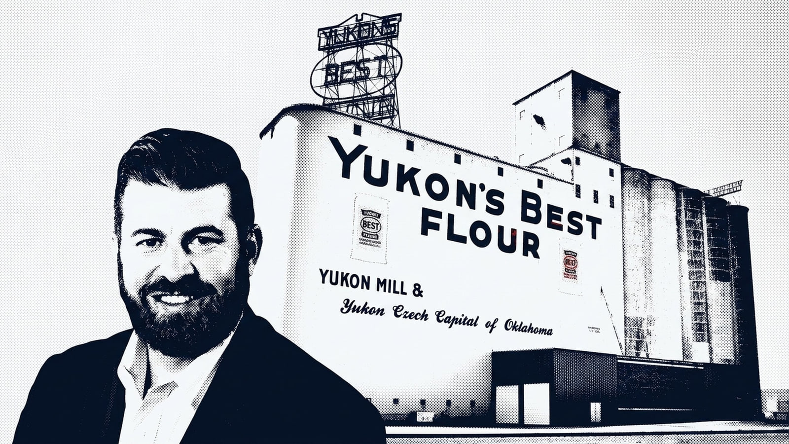 Screen-print of Mayor Brian Pillmore in front of the Yukon's Best Flour mill